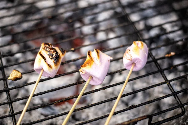 Geröstete Marshmallows Auf Holzstäbchen Leckeres Vom Grill Für Kinder — Stockfoto