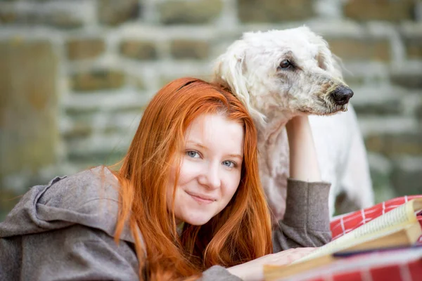 Cute Red Haired Girl Outdoors Dog Pets Woman Dog Together — Stock Photo, Image