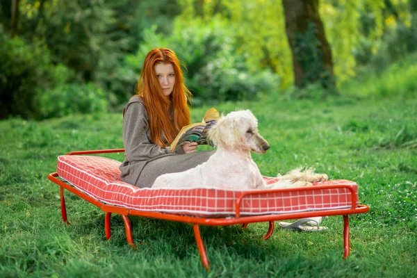 Девушка Длинными Рыжими Волосами Собакой Лежит Кровати Зеленой Траве Отдых — стоковое фото