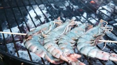 Izgara Kral karidesleri. Şişte çiğ karides ızgara yapılır..
