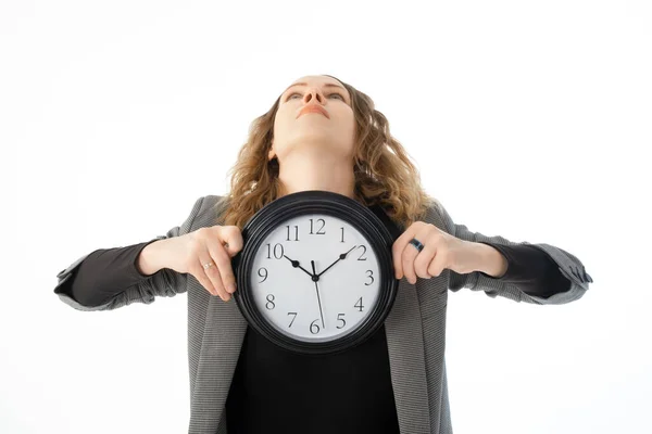 Shocked Woman Holds Large Clock Her Hands White Background Isolated — kuvapankkivalokuva