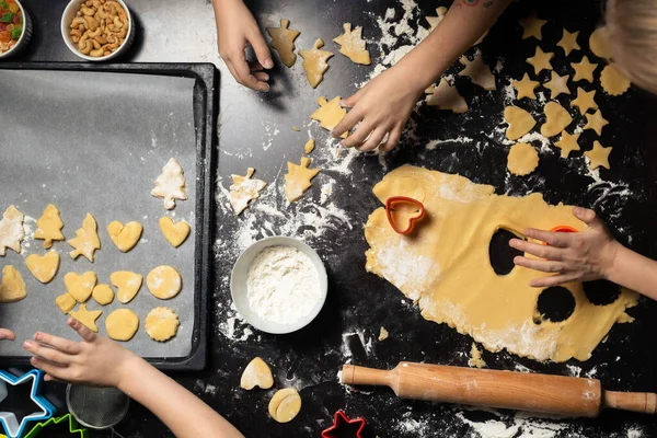 Children Cook New Year Cookies Together Carving Christmas Trees Stars — Stock Photo, Image