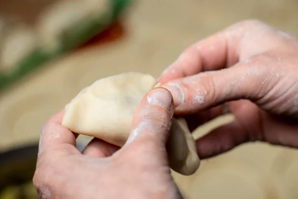 Γλυπτικά Ντάμπλινγκς Από Κοντά Χέρια Των Γυναικών Φτιάχνουν Ζυμαρικά Γεμιστά — Φωτογραφία Αρχείου