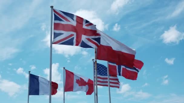 Farklı Ülkelerin Bayrakları Büyük Britanya Kanada Abd Norveç Açık Güneşli — Stok video