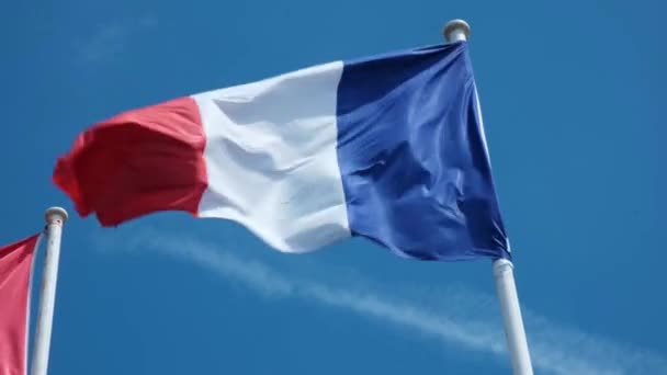 Güneşli Bir Günde Fransa Bayrağı Mavi Gökyüzüne Karşı Rüzgarda Dalgalanıyor — Stok video