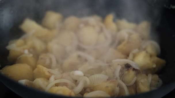 Cucinare Friggere Patate Con Cipolle Primo Piano Vapore Sta Arrivando — Video Stock