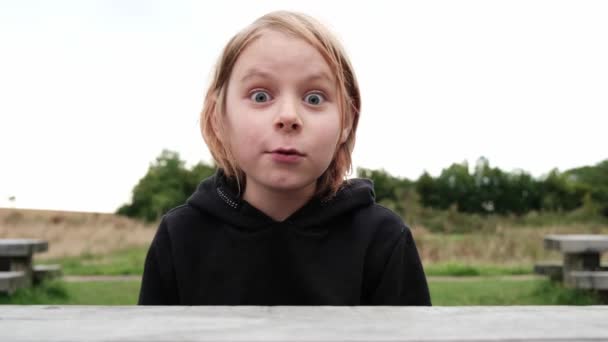 Ung Pojke Gammal Kommunicerar Med Kameran Videolänk Han Säger Något — Stockvideo