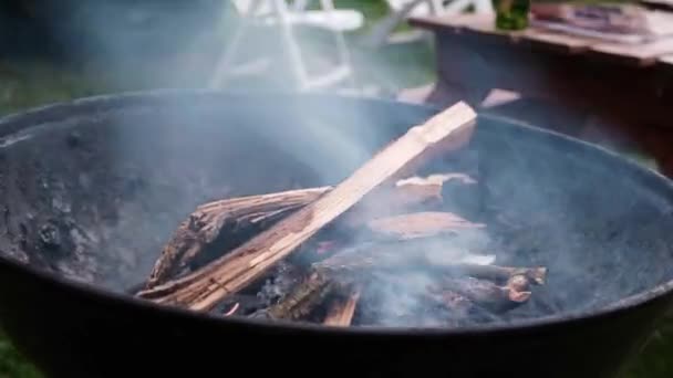 Leña Está Ardiendo Brasero Kindling Una Barbacoa Redonda Para Cocinar — Vídeo de stock