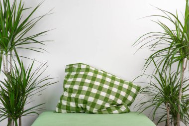 Yeşil yastıklı boş bir yatak ve kenarlarında beyaz bir duvara yaslanmış palmiye ağaçları. Metin için yer.