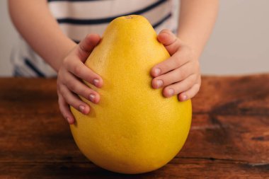 Bir bakışta sağlıklı beslenme: Bir çocuğun elleri, bu lezzetli meyvenin ahşap bir ayar üzerindeki besin değerini gösteren, cömert sarı bir pomelo besler.