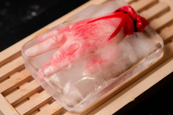 Horror Ice Mock Human Hand Frozen Chunk Ice Wooden Cutting — Stock Photo, Image