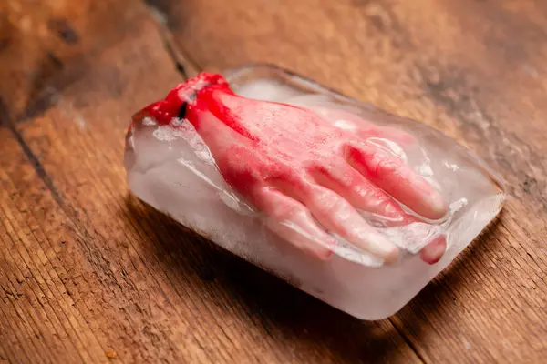 Frozen Terror Halloween Concept Artificial Human Hand Frozen Block Ice — Stock Photo, Image
