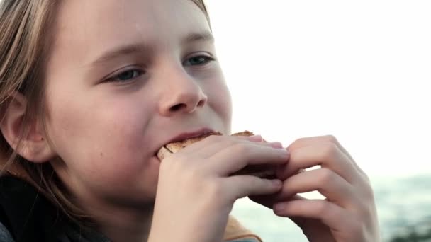 在开阔的天空下 一个10岁的男孩喜欢吃三明治 当他沉溺于一顿美味的户外小吃时 他的脸上洋溢着满足的光芒 — 图库视频影像