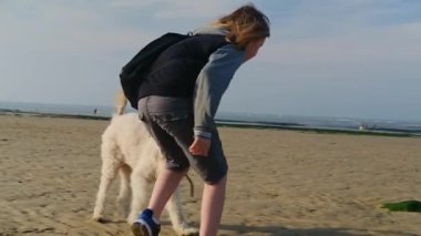 Genç bir kız kumsalda köpeğiyle koşup oynuyor..