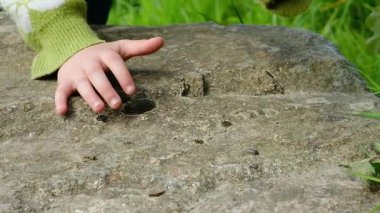 Bir çocuk elleriyle kayaya dokunuyor. Kaya gridir ve üzerinde bir delik vardır. Çocuk yeşil bir kazak giyiyor.