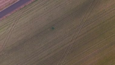 Uçsuz bucaksız tarım arazileri ve kırsal yolda giden arabanın havadan görünüşü.