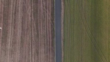 Uçsuz bucaksız tarım arazileri ve kırsal yolda giden arabanın havadan görünüşü.