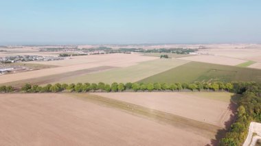 Uçsuz bucaksız tarım arazileri ve kırsal yolda giden arabanın havadan görünüşü.