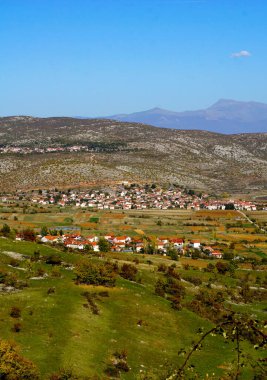 Arnavutluk 'un doğu kesimindeki Prespa Gölü kıyısındaki bir köyün sonbaharda çekilmiş resmi.