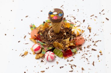 Çikolata soslu gofret ya da çikolata kabuklu waffle külahı. Beyaz arka planda kırmızı beyaz şeker ve jöleli şekerler.