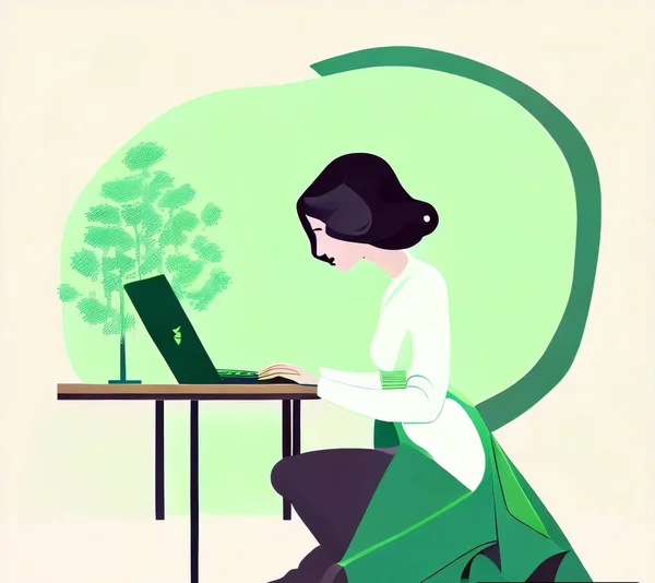 Gadis Yang Bekerja Pada Laptop Ilustrasi — Stok Foto