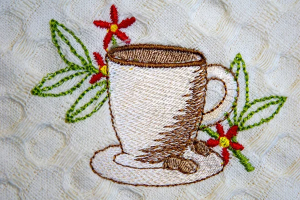 Linen Napkin Embroidery Cup Coffee Close Flowers — Stock Photo, Image
