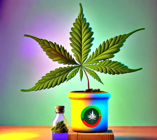 Cannabis Blatt Auf Einem Bunten Topf Regenbogenfarben — Stockfoto