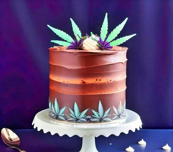 巧克力生日蛋糕上的大麻叶 — 图库照片