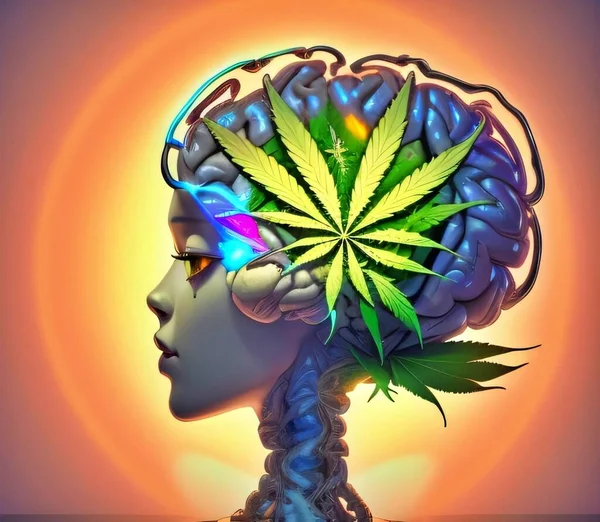 Cannabis Blatt Auf Einem Gehirn Eines Mädchens — Stockfoto