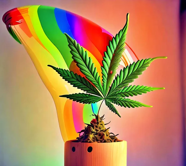 Cannabis Blatt Topf Und Regenbogenfarben — Stockfoto