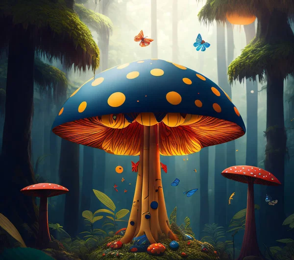 森林奇幻魔法蘑菇在草丛中 免版税图库图片