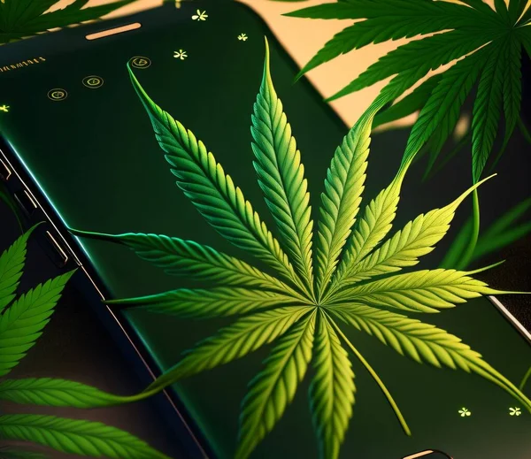 Lebendige Grüne Cannabispflanze Mit Großen Blättern Liegt Auf Einem Smartphone — Stockfoto