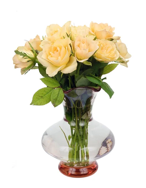 Μπουκέτο Κίτρινα Τριαντάφυλλα Τσαγιού Ένα Γυάλινο Βάζο Που Απομονώνονται Λευκό — Φωτογραφία Αρχείου