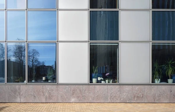 Große Fenster Einem Bürogebäude Hinter Dem Glas Stehen Viele Zimmerpflanzen — Stockfoto