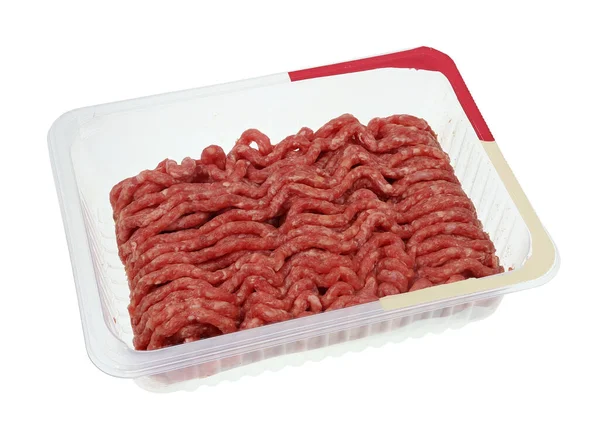 Ruw Gehakt Rundvlees Een Plastic Recipiënt Geïsoleerd — Stockfoto