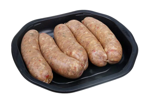 Pork Italian Sausages Chees Tomato Black Plastic Container Isolated White — Stock Photo, Image
