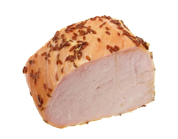 Piece Smoked Pork Ham Dill Seeds Isolated White Macro — Stock Photo, Image