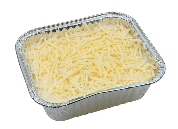 Lasagne Semilavorate Congelate Contenitore Alluminio Isolato Bianco — Foto Stock