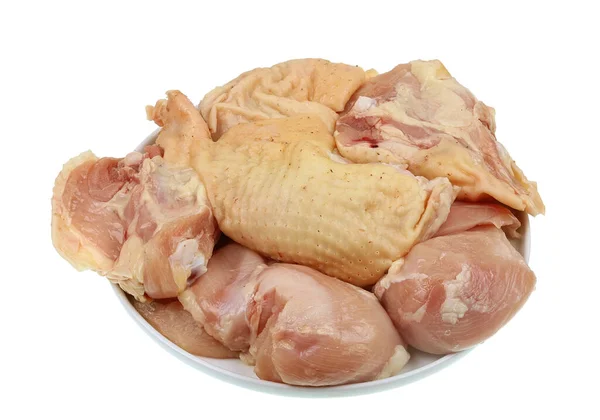Bitar Färsk Rustik Ekologisk Kyckling Ligger Tallrik Isolerad Vitt — Stockfoto