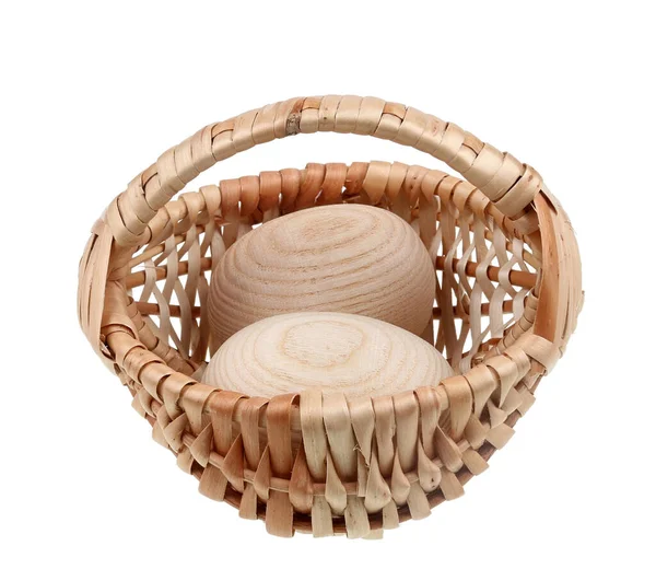 Wooden Easter Eggs Small Wicker Basket Isolated White — Stock Photo, Image