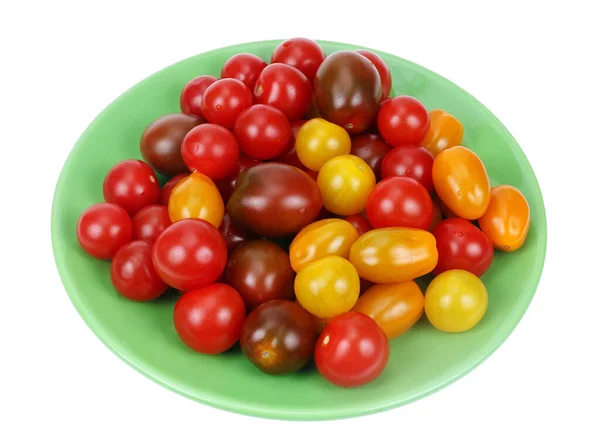 Pomodori Ciliegia Diversi Colori Piatto Verde Isolato — Foto Stock
