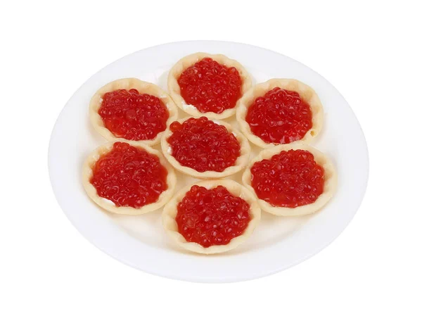 Tartaletas Con Queso Blando Caviar Salmón Plato Redondo Aislado Sobre —  Fotos de Stock