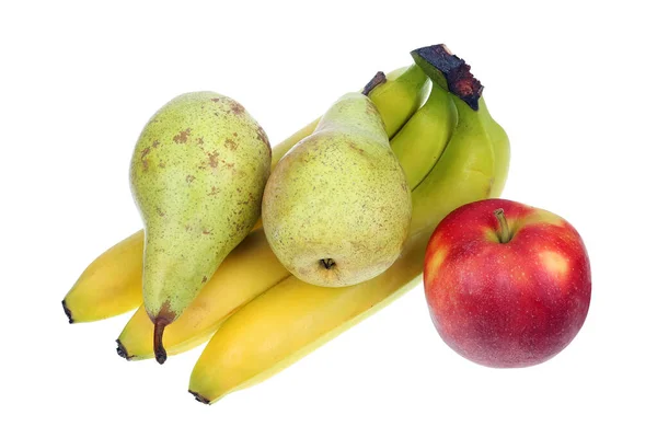 Frutta Invernali Dal Mercato Banane Pere Una Mela Isolato Bianco — Foto Stock