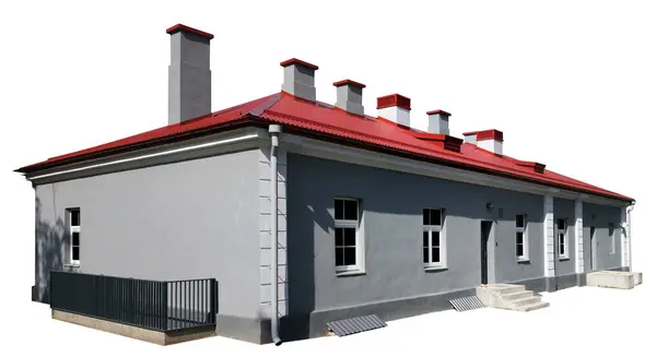 Renoviertes Altes Steinhaus Mit Vielen Pfeifen Auf Dem Roten Dach — Stockfoto