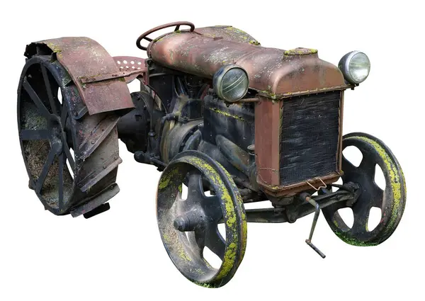 Vintage Elromlott Rozsdás Mezőgazdasági Traktor Fehér Alapon Elszigetelve — Stock Fotó