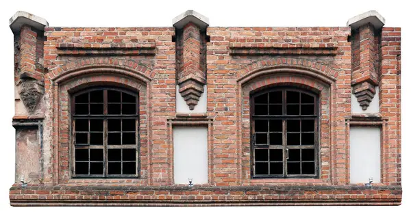 Fragment Eines Alten Roten Backsteingebäudes Mit Gewölbten Fenstern Isoliert Auf — Stockfoto