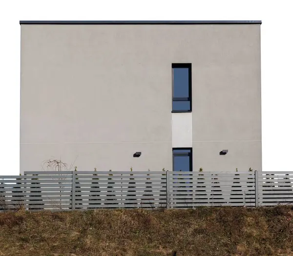 Casa Cerca Madeira Construída Sobre Uma Colina Gramada Isolado Branco Imagens De Bancos De Imagens