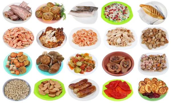 Різноманітна Їжа Тарілках Ізольовані Білому Ліцензійні Стокові Зображення