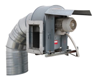 Elektrik motorları ve boruları olan havalandırma sistemi. Beyazda izole edilmiş                  