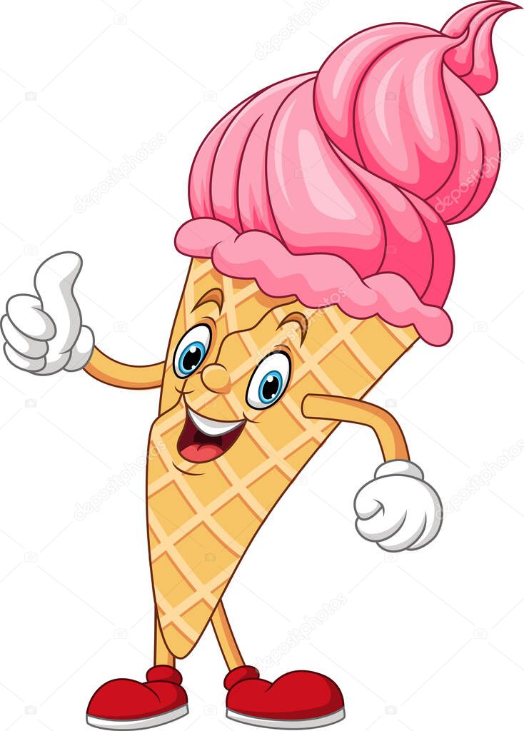 Cartoon a pink strawberry ice cream giving thumb up